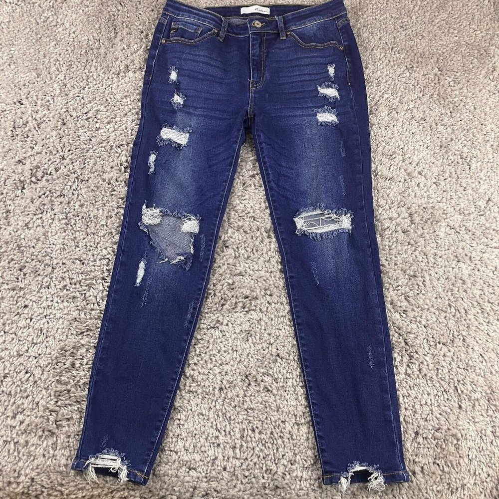 Kancan Cora Mid Rise Super Skinny Ripped Jeans Size 13/30 Dark Wash Step Hem - Picture 2 of 16